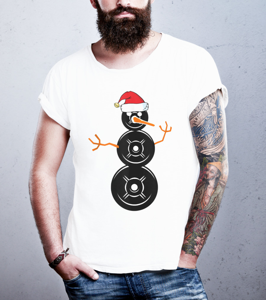Funny Santa Hat Weightlifting Snowman Barbell T-Shirt