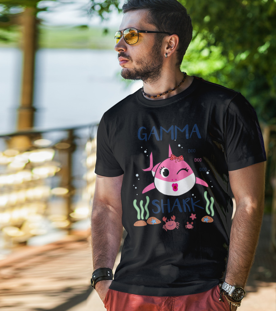Gamma Shark Doo Doo Doo Winking Pink Shark With Bow And Marine Life T-Shirt