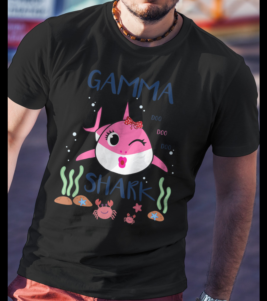 Gamma Shark Doo Doo Doo Winking Pink Shark With Bow And Marine Life T-Shirt