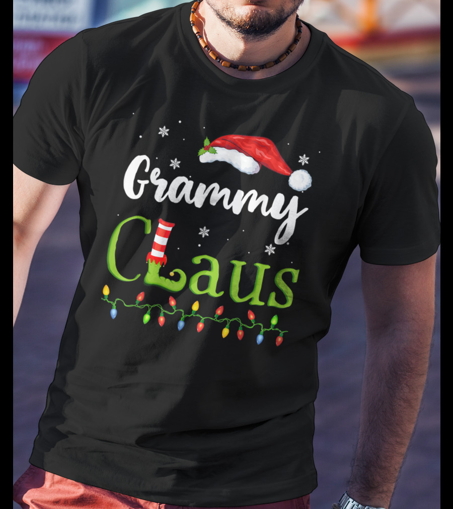 Grammy Claus Santa Grandma With Elf Shoe And Christmas Lights T-Shirt