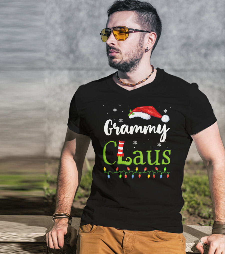 Grammy Claus Santa Grandma With Elf Shoe And Christmas Lights T-Shirt