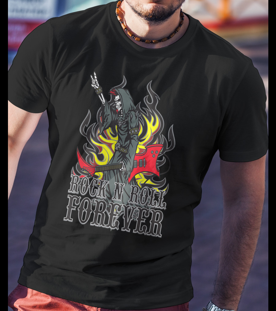 Rock N Roll Forever Grim Reaper Guitar Flames Horns Sign T-Shirt