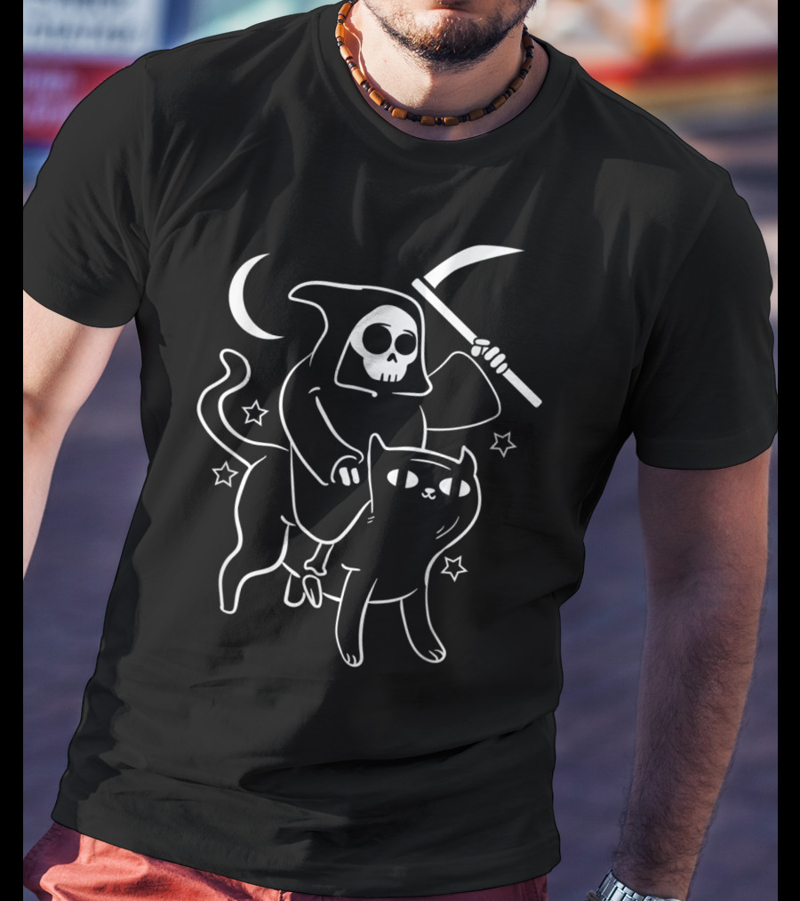 Grim Reaper Ride Satan Cat Demonic Evil Devil Moon Stars T-Shirt