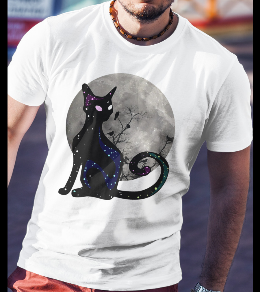 Halloween Scary Black Cat Gothic Full Moon Ravens T-Shirt