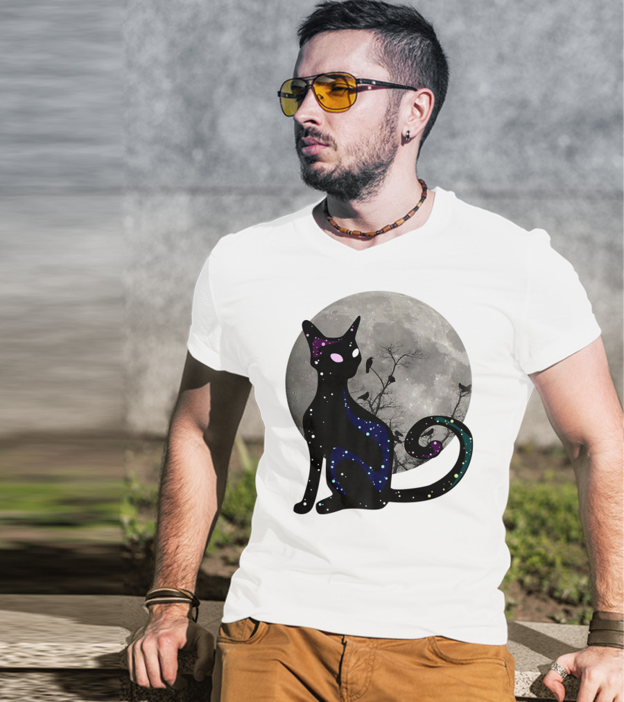 Halloween Scary Black Cat Gothic Full Moon Ravens T-Shirt