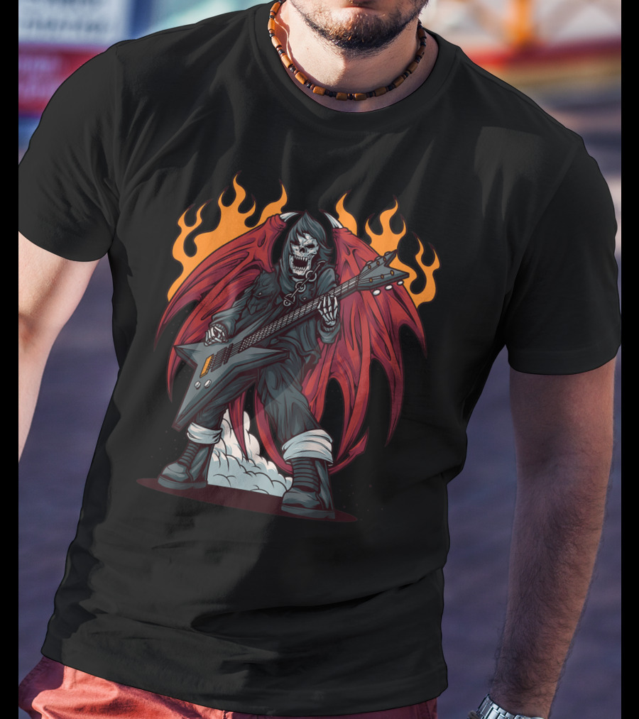 Heavy Metal Guitarist Red Winged Flaming Skull T-Shirt