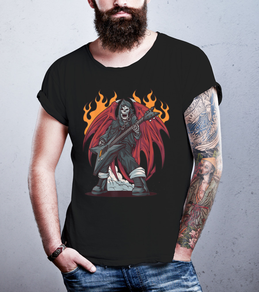 Heavy Metal Guitarist Red Winged Flaming Skull T-Shirt