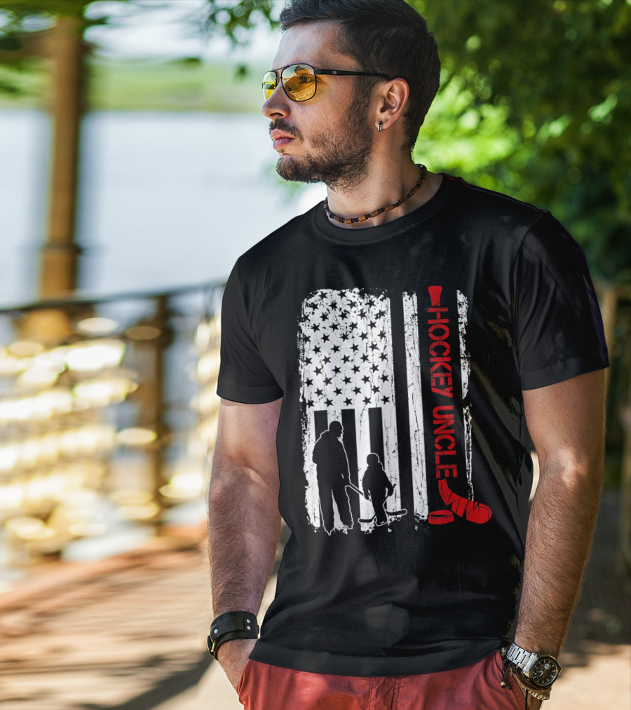 Hockey Uncle American Flag Silhouette With Stick And Player T-Shirt