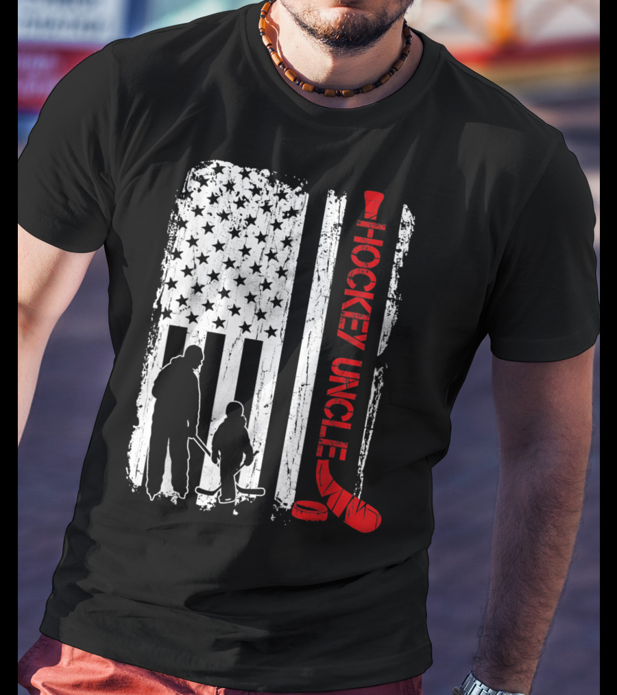 Hockey Uncle American Flag Silhouette With Stick And Player T-Shirt