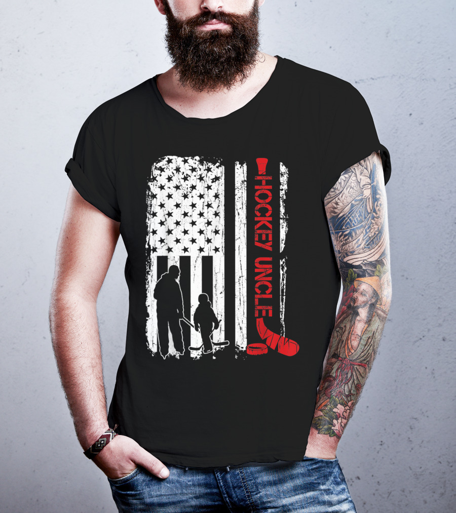 Hockey Uncle American Flag Silhouette With Stick And Player T-Shirt