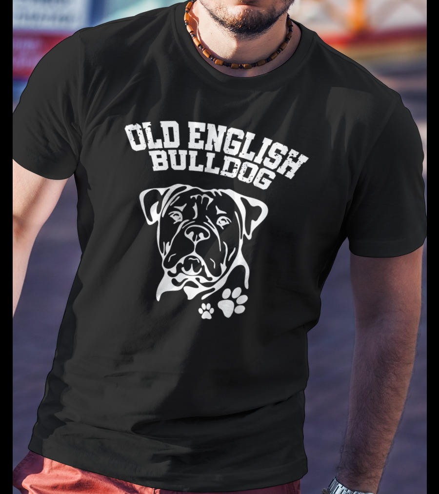 Old English Bulldog Illustration With Text And Paw Prints T-Shirt