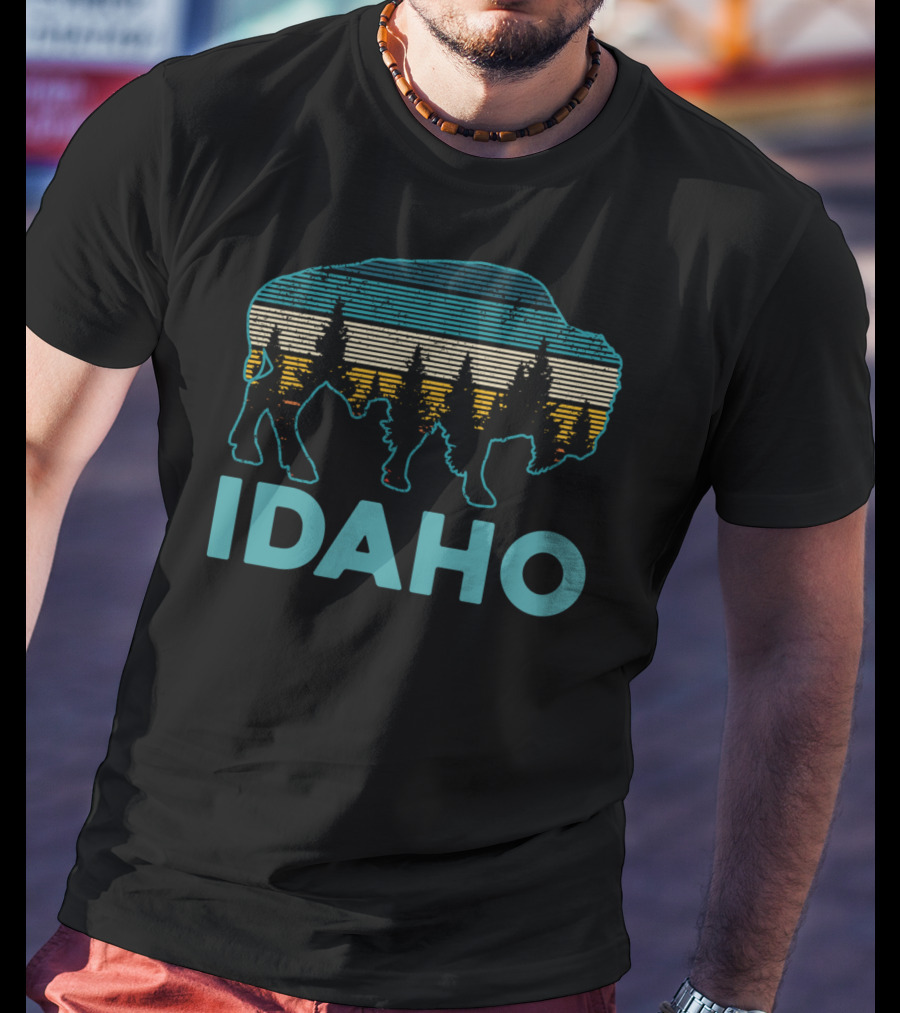 Idaho Bison Vintage American Buffalo Silhouette With Forest And Stripes T-Shirt