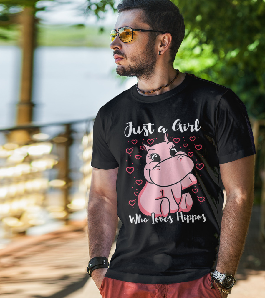 Just A Girl Who Loves Hippos Cute Animal Pink Hearts T-Shirt