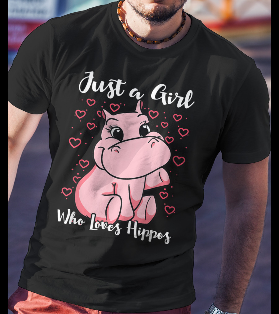 Just A Girl Who Loves Hippos Cute Animal Pink Hearts T-Shirt