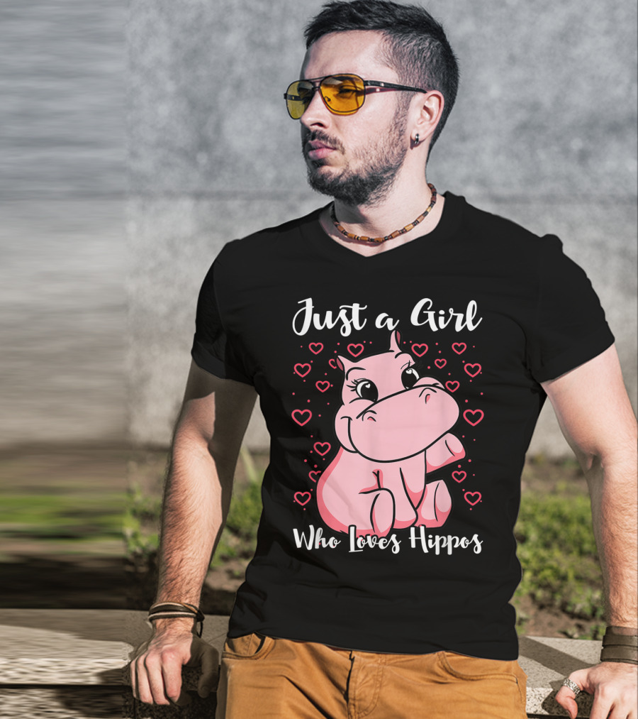 Just A Girl Who Loves Hippos Cute Animal Pink Hearts T-Shirt