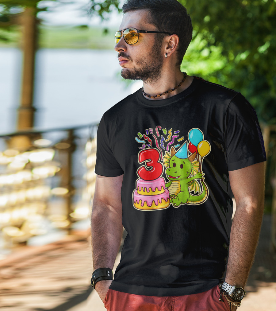 Kids 3rd Birthday Dragon Party Cake Balloons Confetti 3 Year Old T-Shirt