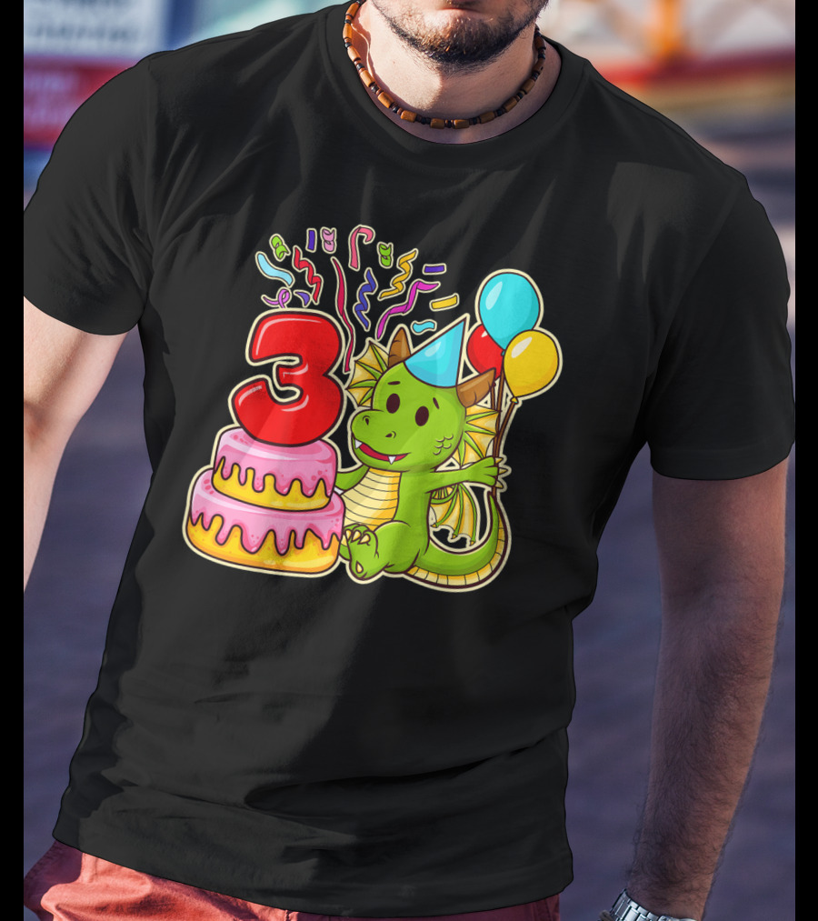 Kids 3rd Birthday Dragon Party Cake Balloons Confetti 3 Year Old T-Shirt