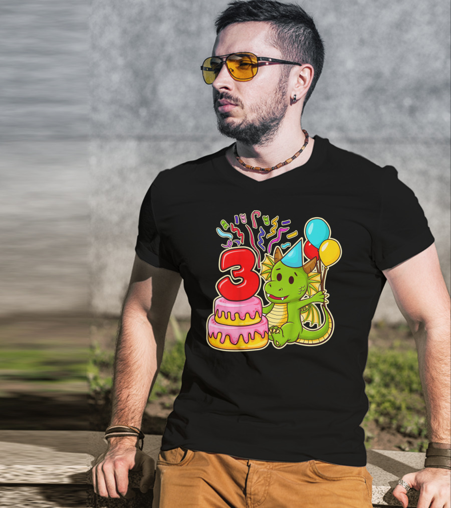 Kids 3rd Birthday Dragon Party Cake Balloons Confetti 3 Year Old T-Shirt