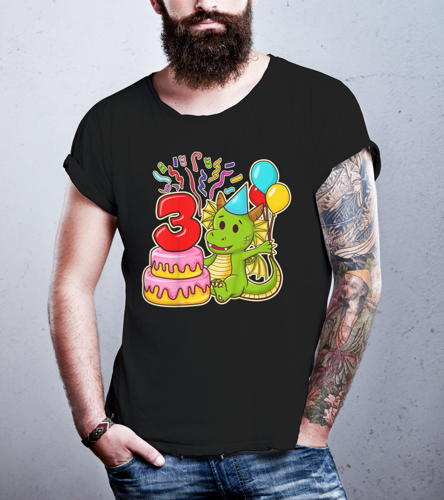 Kids 3rd Birthday Dragon Party Cake Balloons Confetti 3 Year Old T-Shirt