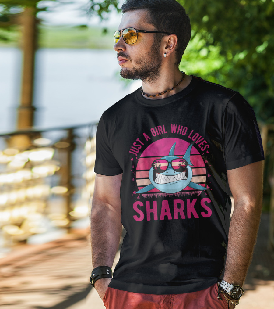 Just A Girl Who Loves Sharks Retro Sunset T-Shirt
