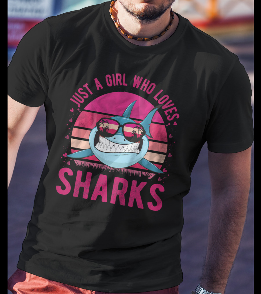 Just A Girl Who Loves Sharks Retro Sunset T-Shirt