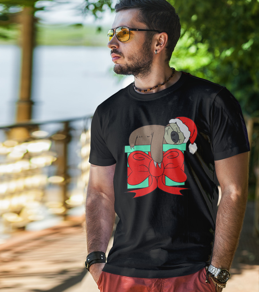 Lazy Christmas Sloth With Santa Hat And Gift Box Cute Funny Love It T-Shirt