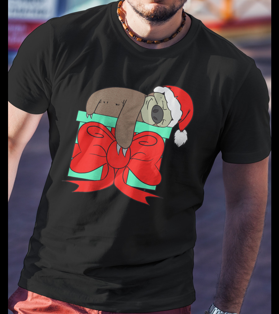 Lazy Christmas Sloth With Santa Hat And Gift Box Cute Funny Love It T-Shirt