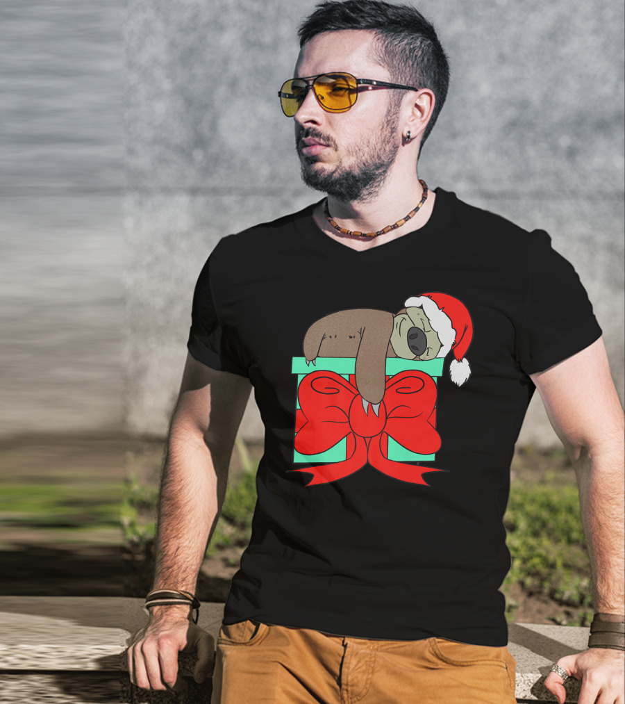 Lazy Christmas Sloth With Santa Hat And Gift Box Cute Funny Love It T-Shirt
