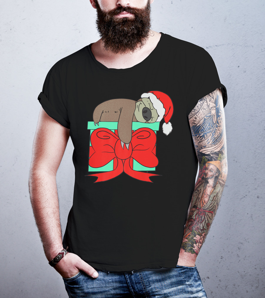 Lazy Christmas Sloth With Santa Hat And Gift Box Cute Funny Love It T-Shirt
