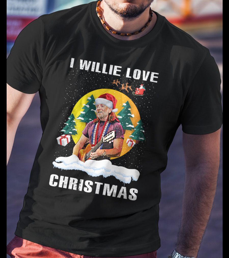 I Willie Love Christmas Santa Hat Guitar Snow Scene T-Shirt