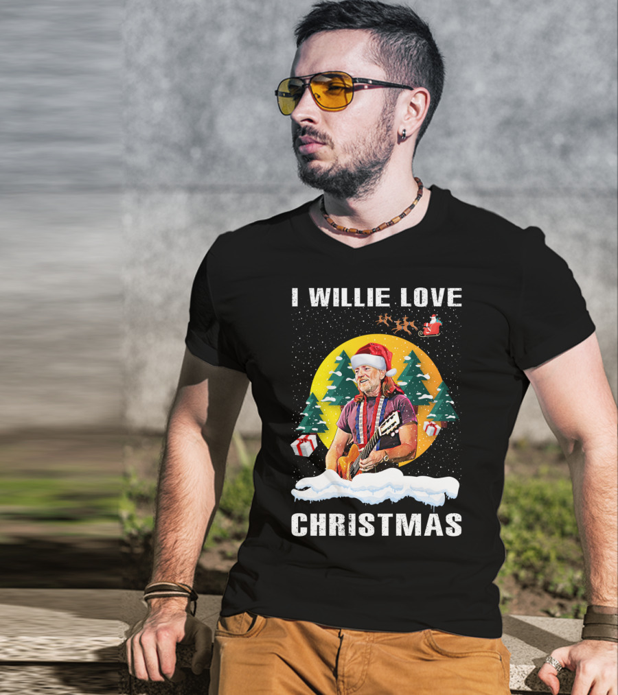 I Willie Love Christmas Santa Hat Guitar Snow Scene T-Shirt