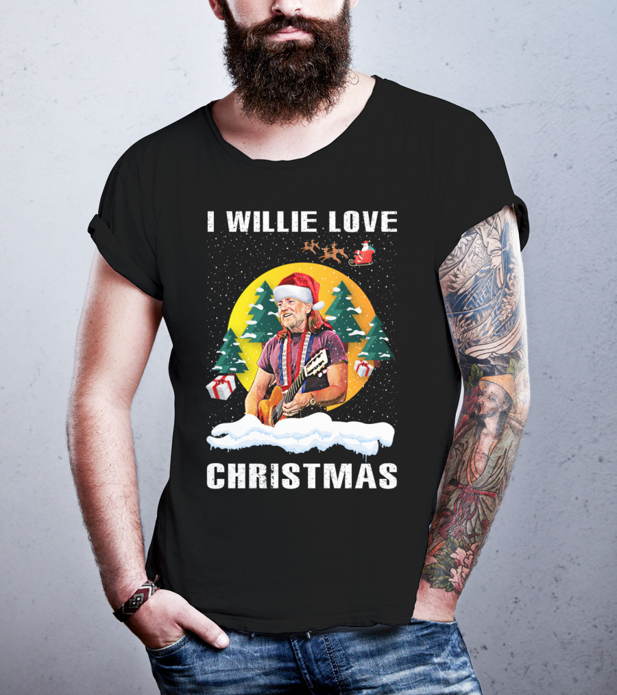 I Willie Love Christmas Santa Hat Guitar Snow Scene T-Shirt