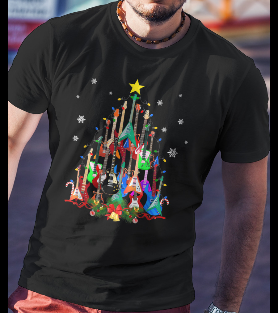 Mens Womens Guitar Christmas Tree Star Candy Canes Snowflakes Holiday Lights T-Shirt
