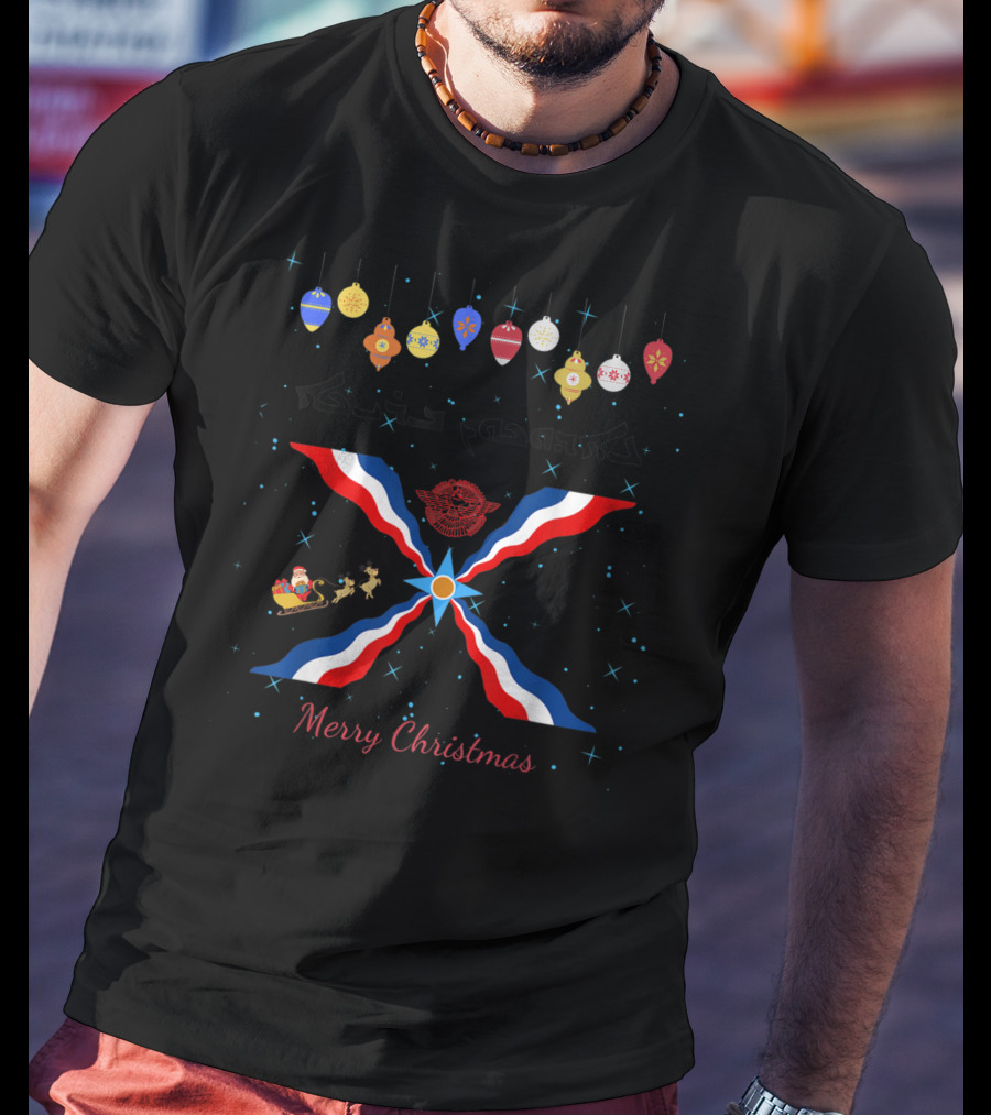 Merry Christmas Aramaic Eedokhoon Breekhaa Festive Ornaments And Assyrian Flag With Santa Sleigh T-Shirt
