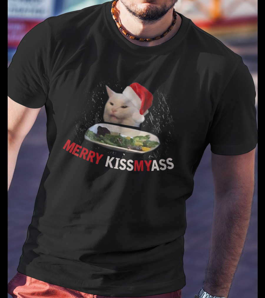 Merry Kissmyass Smudge Cat Funny Xmas Family Santa Hat T-Shirt