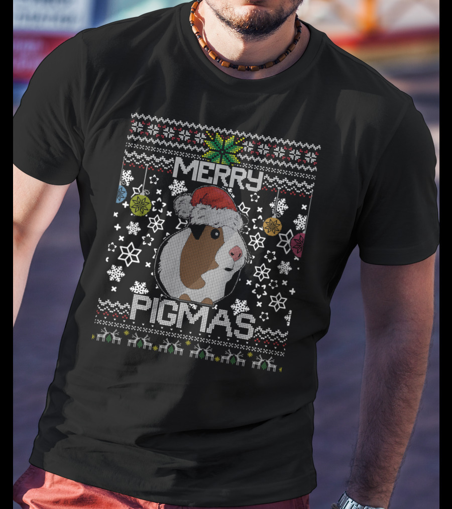 Merry Pigmas Ugly Christmas Humor With Santa Hat Guinea Pig And Snowflakes T-Shirt