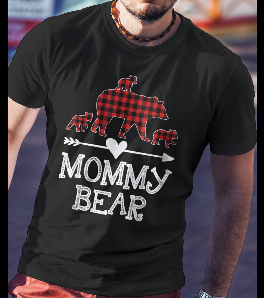 Mommy Bear Red Plaid Three Cubs Heart Arrow T-Shirt