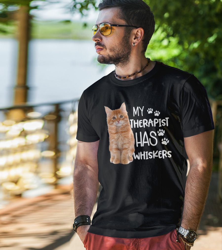 My Therapist Has Whiskers Funny Cat Lovers With Paw Prints And Orange Kitten T-Shirt