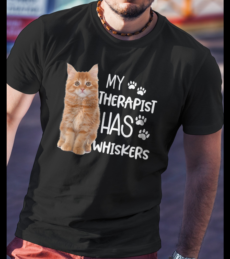 My Therapist Has Whiskers Funny Cat Lovers With Paw Prints And Orange Kitten T-Shirt