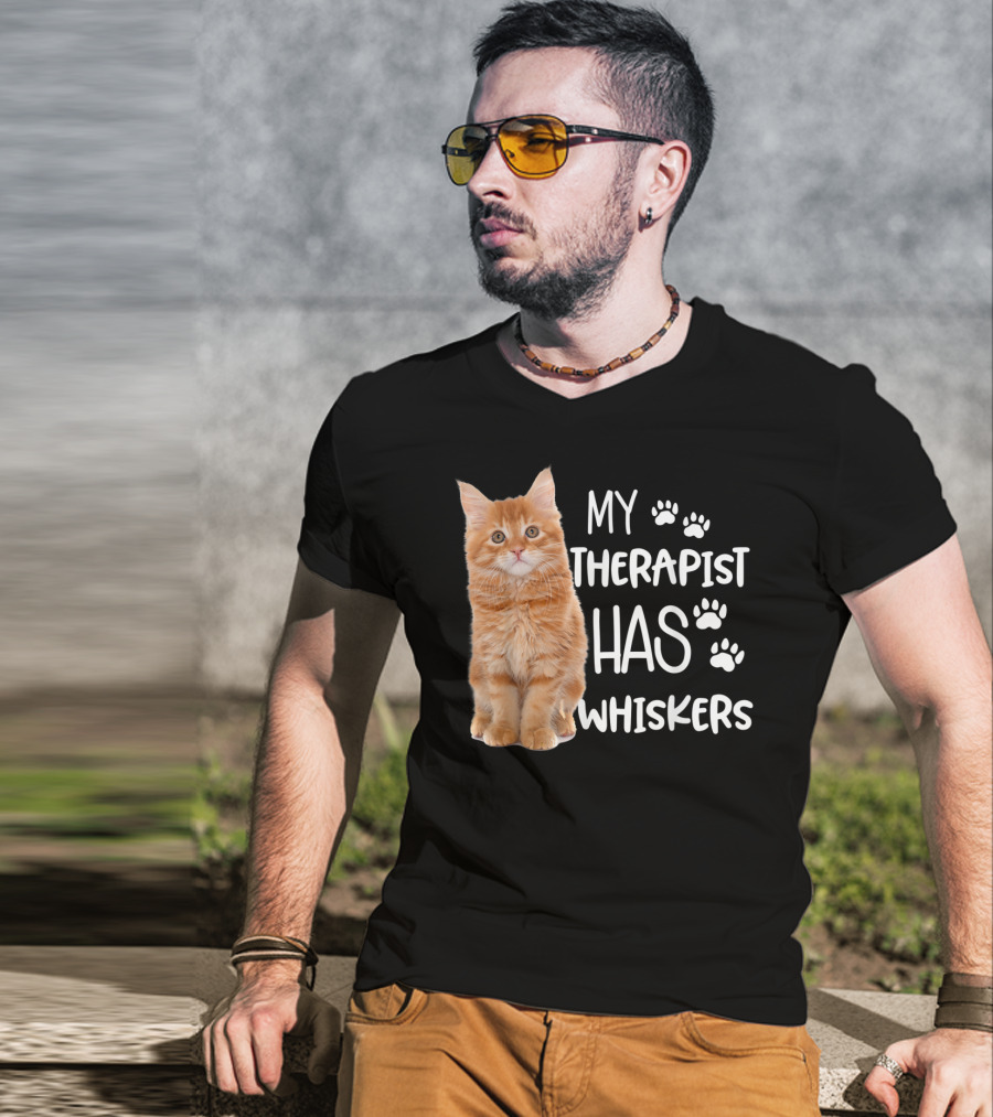 My Therapist Has Whiskers Funny Cat Lovers With Paw Prints And Orange Kitten T-Shirt