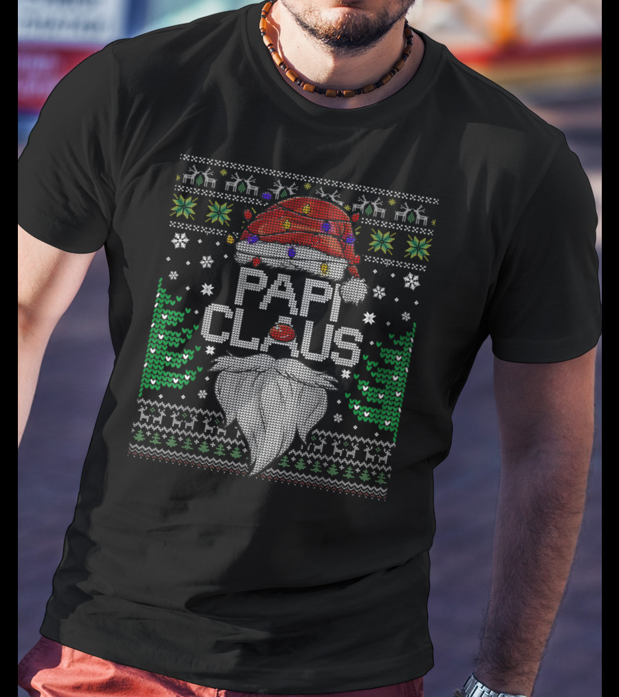 Papi Claus Santa Ugly Christmas Sweater Lights Beard Trees Snowflakes T-Shirt