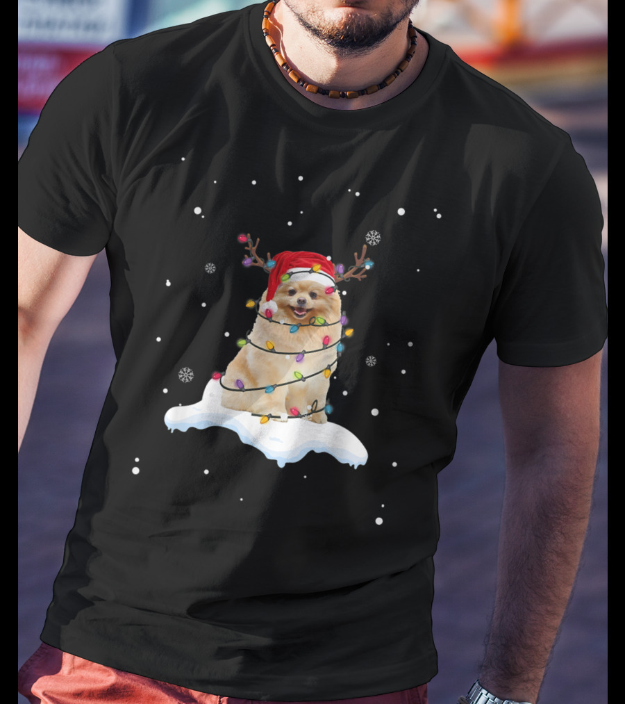 Pomeranian Santa Hat Wrapped In Christmas Lights With Reindeer Antlers And Snowflakes T-Shirt