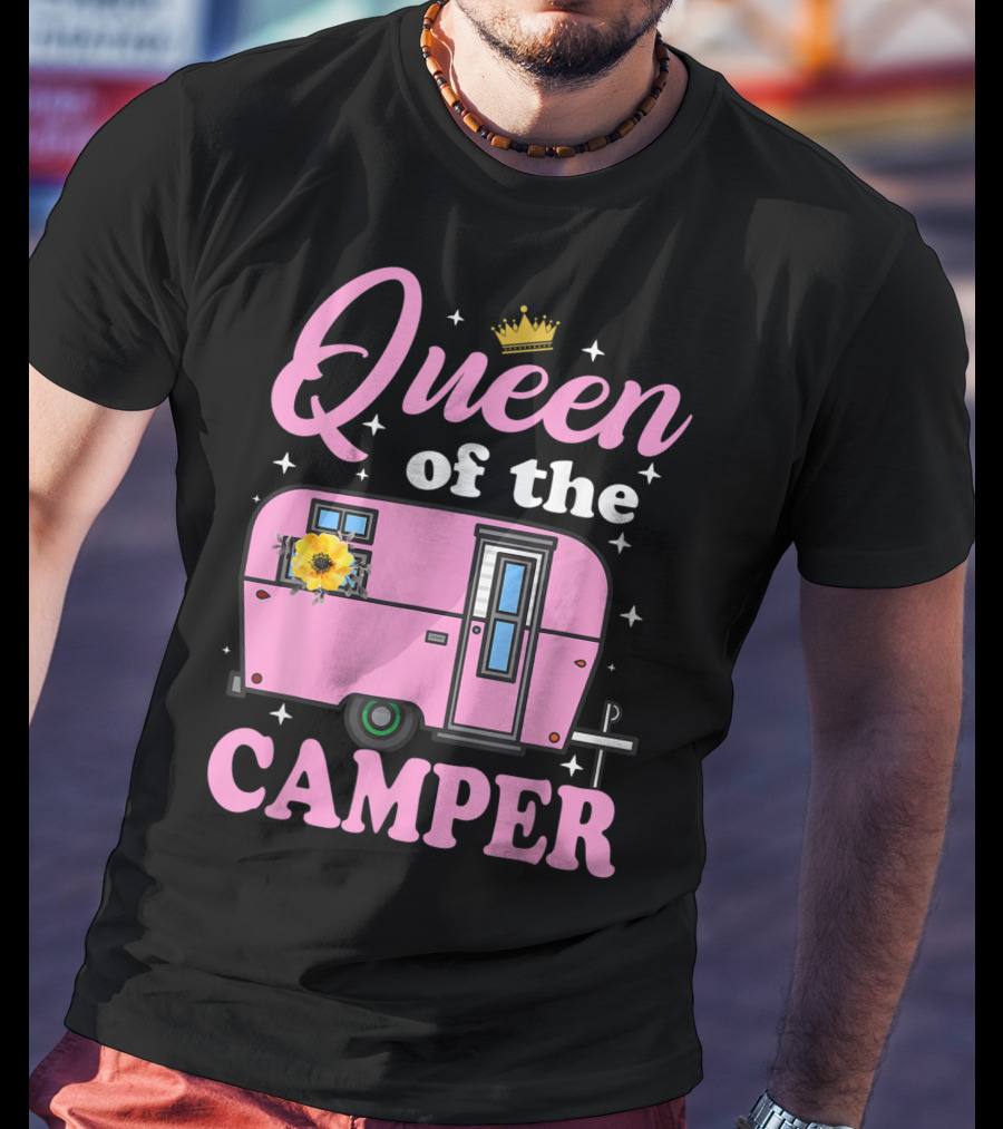 Queen Of The Camper Crowned Floral Retro Caravan Camping Outdoor T-Shirt