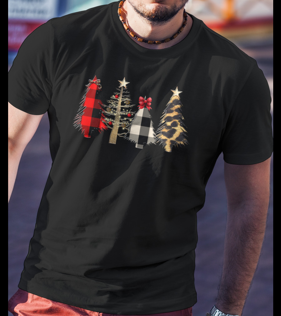 Red Plaid Black White Gold Leopard Christmas Trees T-Shirt