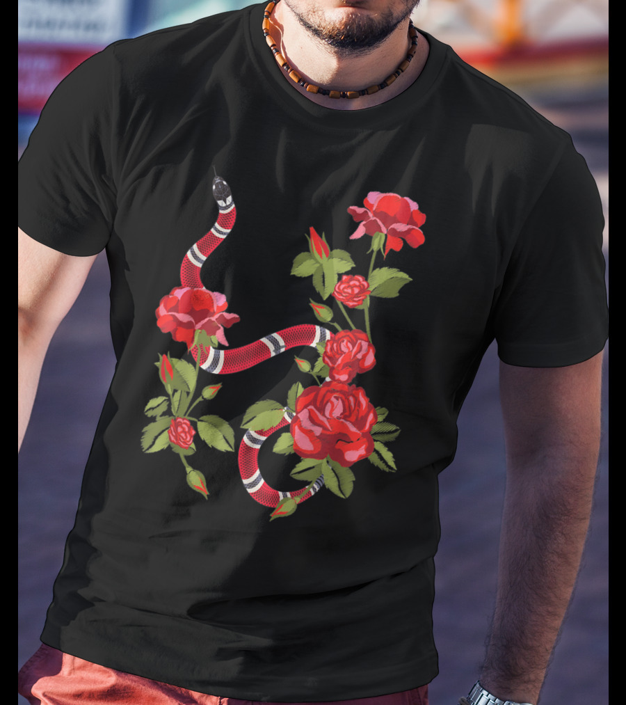 Royal Striped Snake And Flower Red Roses Botanical T-Shirt