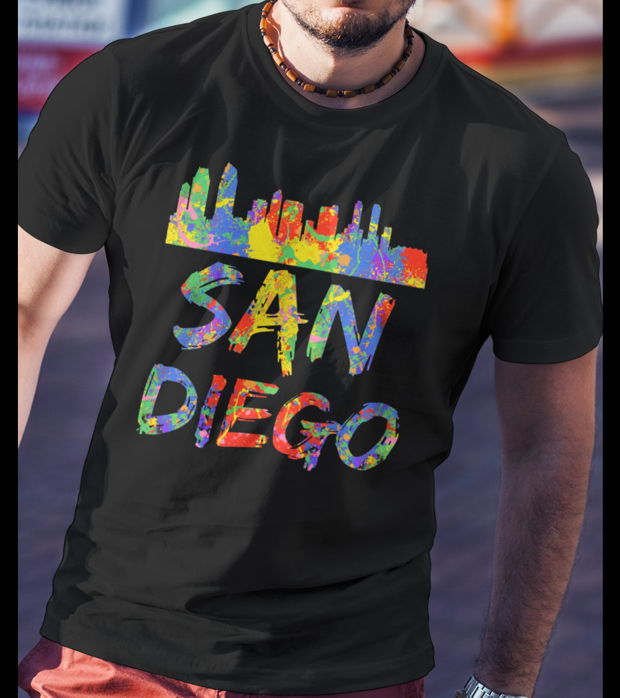 San Diego Rainbow Skyline Cali City Vibrant Text T-Shirt