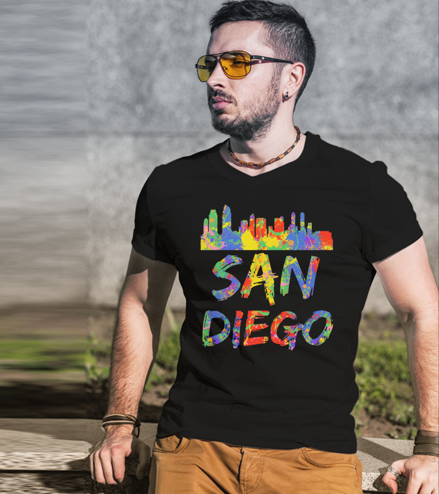 San Diego Rainbow Skyline Cali City Vibrant Text T-Shirt