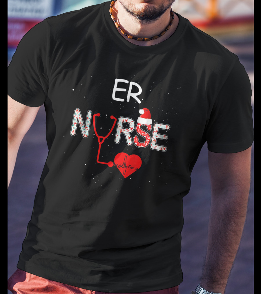 ER Nurse Christmas Santa Hat Stethoscope Heart Xmas Nursing T-Shirt