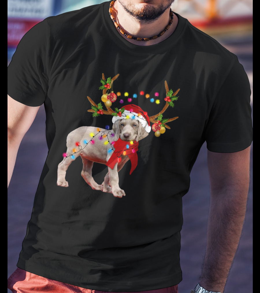 Santa Weimaraner Reindeer Christmas Lights T-Shirt