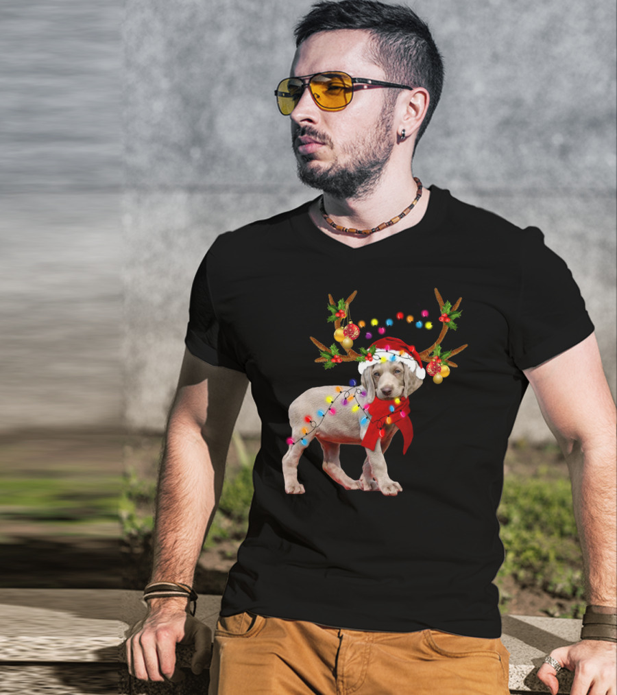 Santa Weimaraner Reindeer Christmas Lights T-Shirt